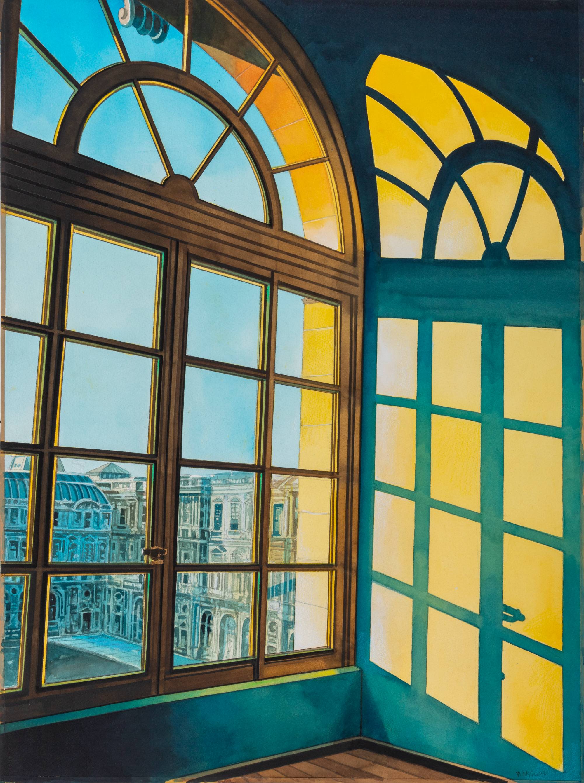 Watercolor painting of a window with light coming through it, city of Paris through the window.